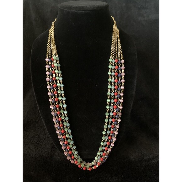 Talbots Signed Multi Strand Necklace with Cats Eye Beads Pink Green Red Blue - Picture 7 of 8